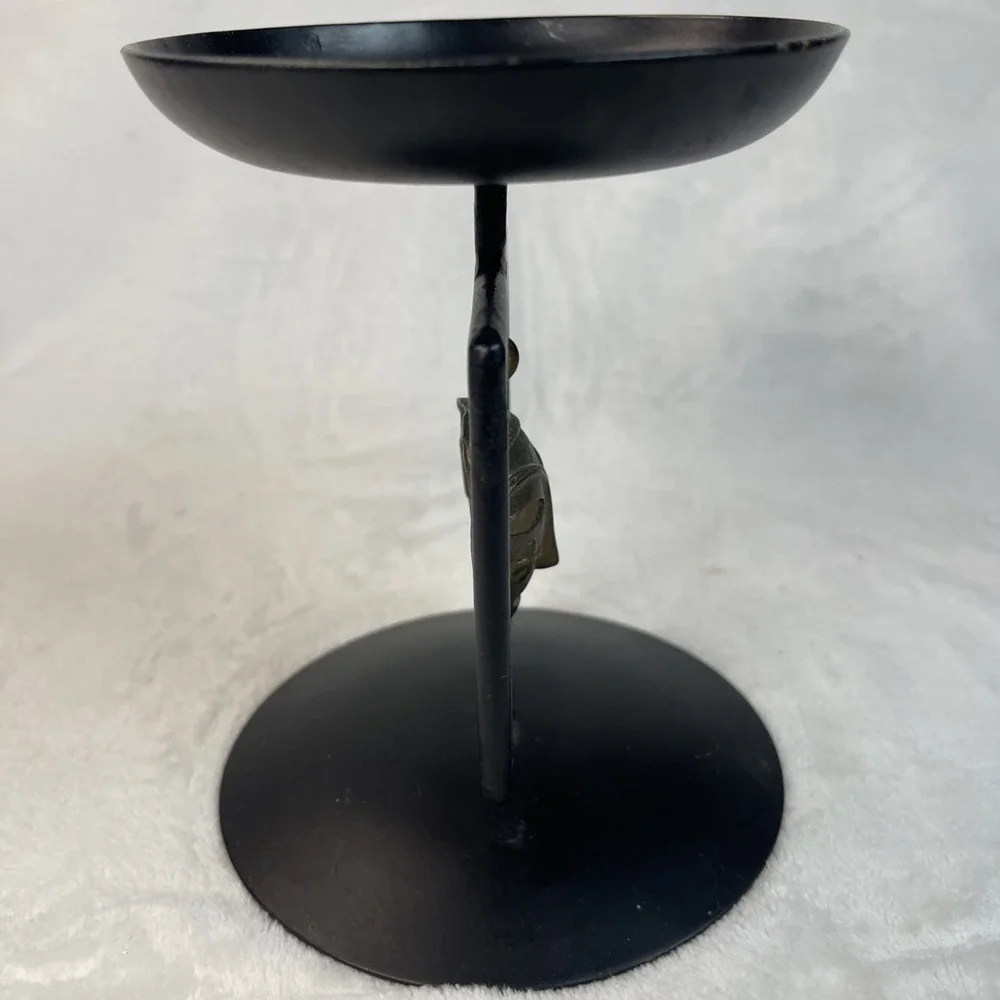 Black Metal Candle Holder Trinket Dish with Brass African Mask 6
